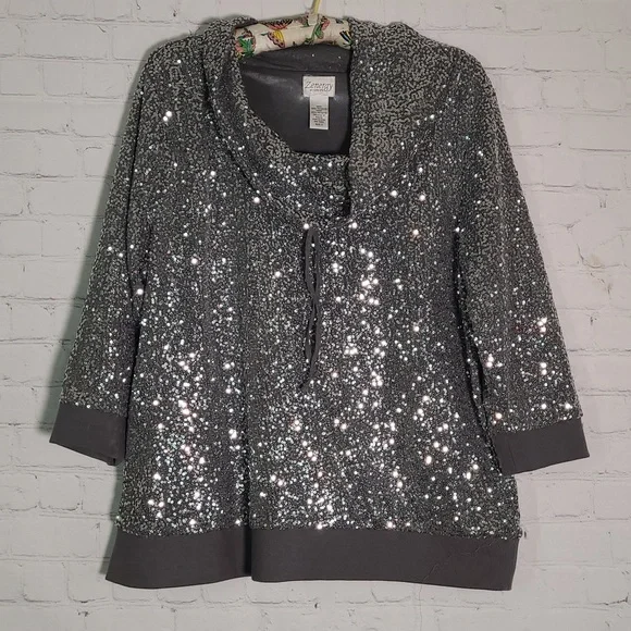 Zenergy By Chicos Silver Sequins Slouch Neck Quarter Sleeve Top Womens Size 3 - Picture 3 of 9